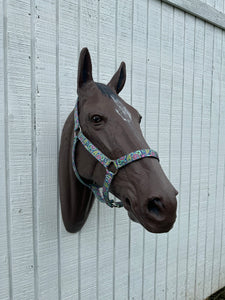 Bright paisley  print  tack set wither strap, halter, cinch strap, breast collar nylon horse size