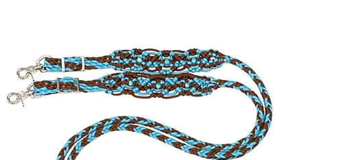 Fancy braided split reins in walnut brown and neon turquoise with beads….beautiful yet practical