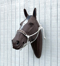 White  Braided mule tape horse halter with rattlesnake print noseband