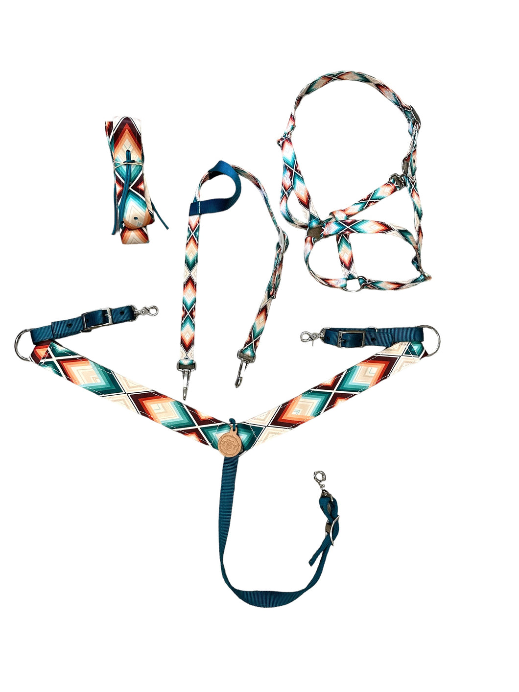 Aztec print  tack set halter, cinch strap, breast collar nylon horse size