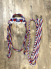 Red white and blue fancy macrame  fringe breast collar with matching bridle, wither strap, and barrel reins