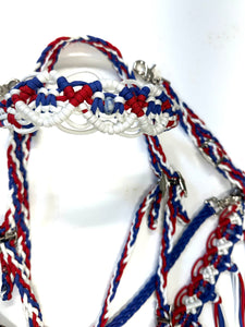 Red white and blue Beaded Browband Headstall with a fancy braided browband with matching reins....all sizes.