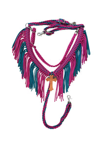 Fuchsia and teal fringe breast collar with wither strap.