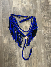 Blue and black fringe breast collar with wither strap