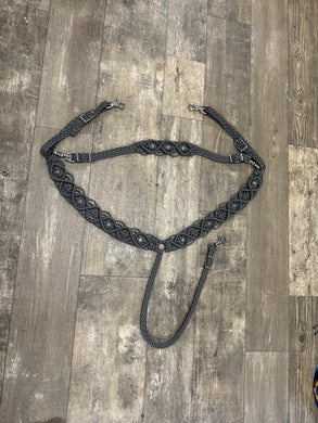 Gemstone fancy macrame  breast collar charcoal grey with rose quartz