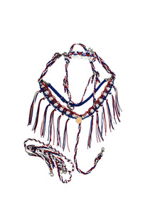 Red white and blue fancy macrame  fringe breast collar with matching bridle, wither strap, and barrel reins