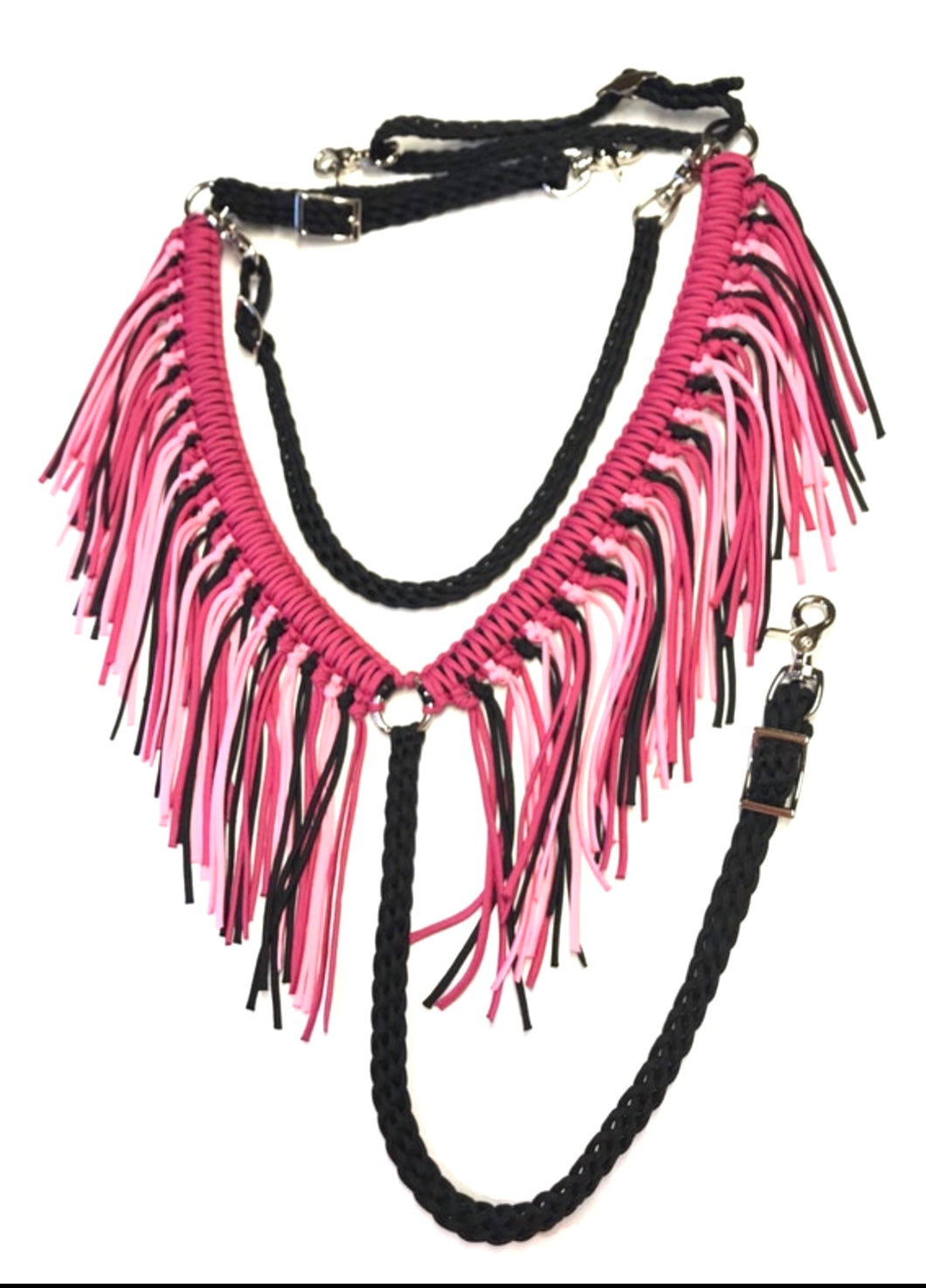 Pink and Black fringe breast collar with a wither strap