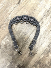 Gemstone fancy macrame  breast collar charcoal grey with rose quartz