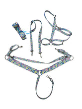Bright paisley  print  tack set wither strap, halter, cinch strap, breast collar nylon horse size
