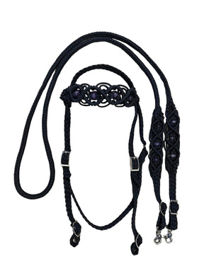 Black Beaded Browband Headstall with a fancy braided browband with matching reins....all sizes.