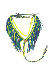 Neon Yellow Neon Green and fringe breast collar with a wither strap