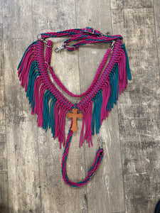 Fuchsia and teal fringe breast collar with wither strap.