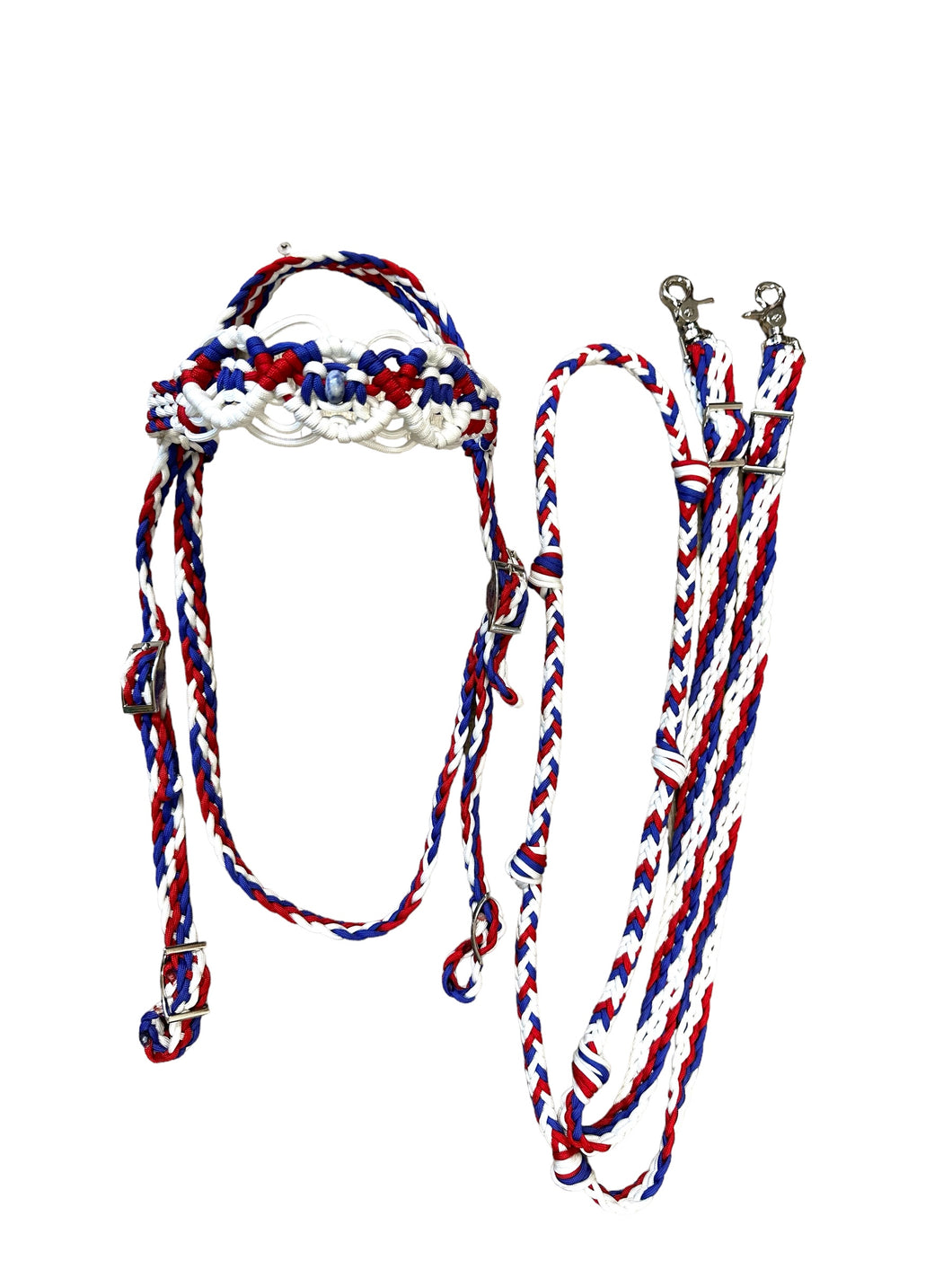 Red white and blue Beaded Browband Headstall with a fancy braided browband with matching reins....all sizes.