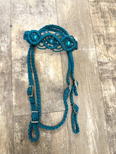 Teal Beaded Browband Headstall with a fancy braided browband with matching reins....all sizes.