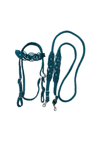 Teal Beaded Browband Headstall with a fancy braided browband with matching reins....all sizes.