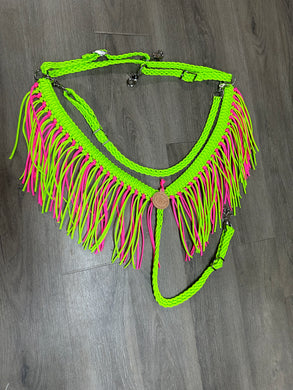 Neon Lime and hot pink fringe breast collar with a wither strap