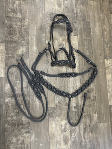 Gemstone fancy macrame  breast collar with matching bridle, wither strap, and barrel reins