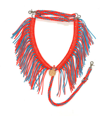 Turquoise and orange fringe breast collar with sequins...all sizes.