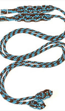 Fancy turquoise and brown braided split reins with beading....beautiful yet practical