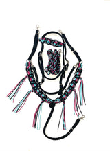 Gemstone fancy macrame  fringe breast collar with matching bridle, wither strap, and barrel reins