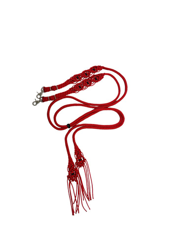 Fancy braided split reins in red with genuine black obsidian  gemstones...beautiful yet practical