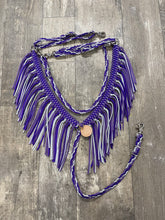 Purple, lilac, and silver fringe breast collar with a wither strap