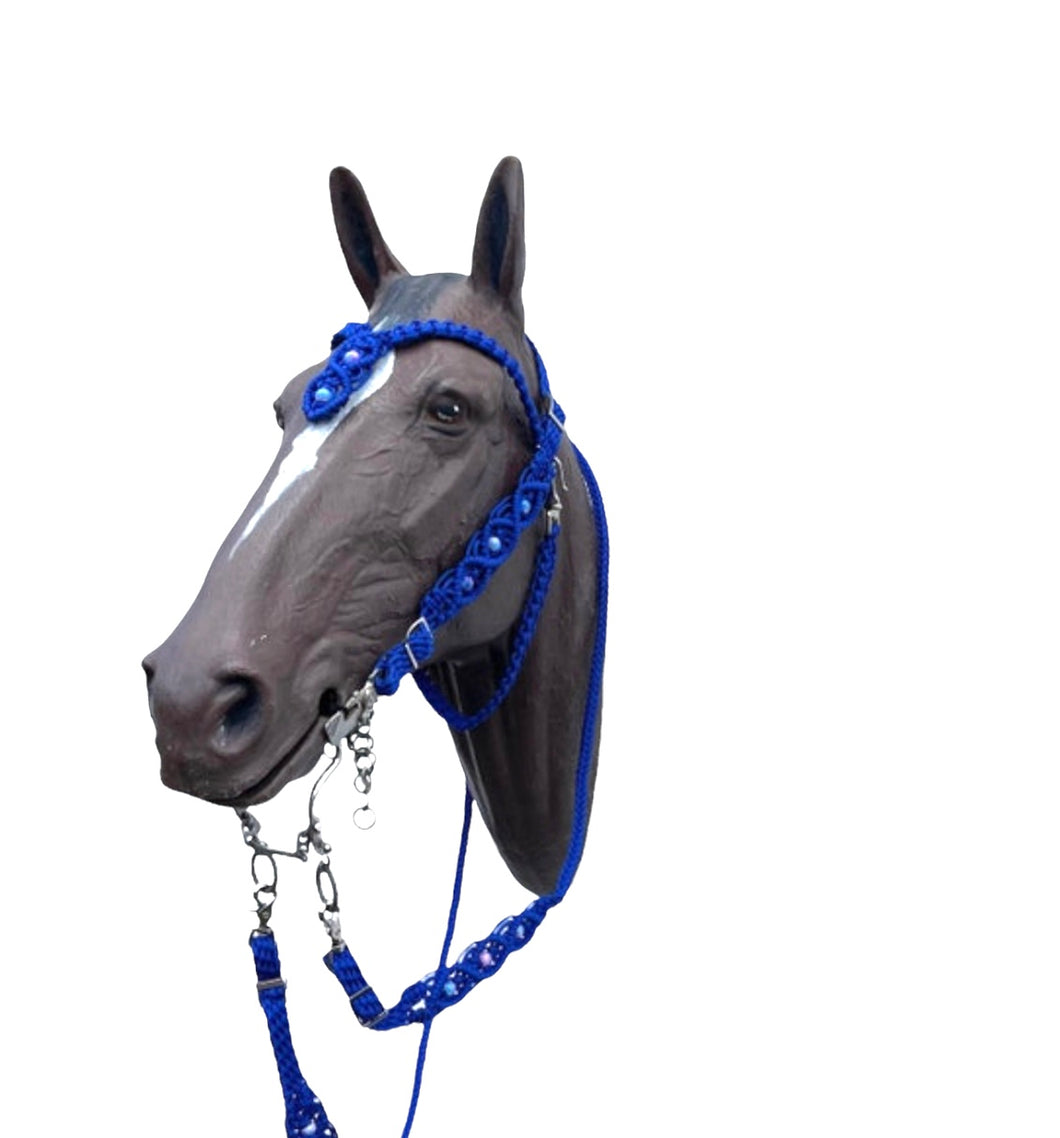 Electric blue  Beaded Browband Headstall with a fancy braided browband with matching reins....all sizes.