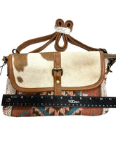 Tapestry cowhide and leather small cross body bag with leather strap