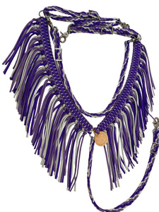 Purple, lilac, and silver fringe breast collar with a wither strap