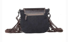 Cowhide, fringe, Tapestry and leather shoulder  bag with leather strap