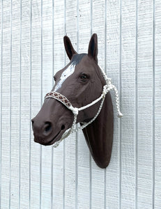 White Braided mule tape horse halter with rattlesnake print noseband