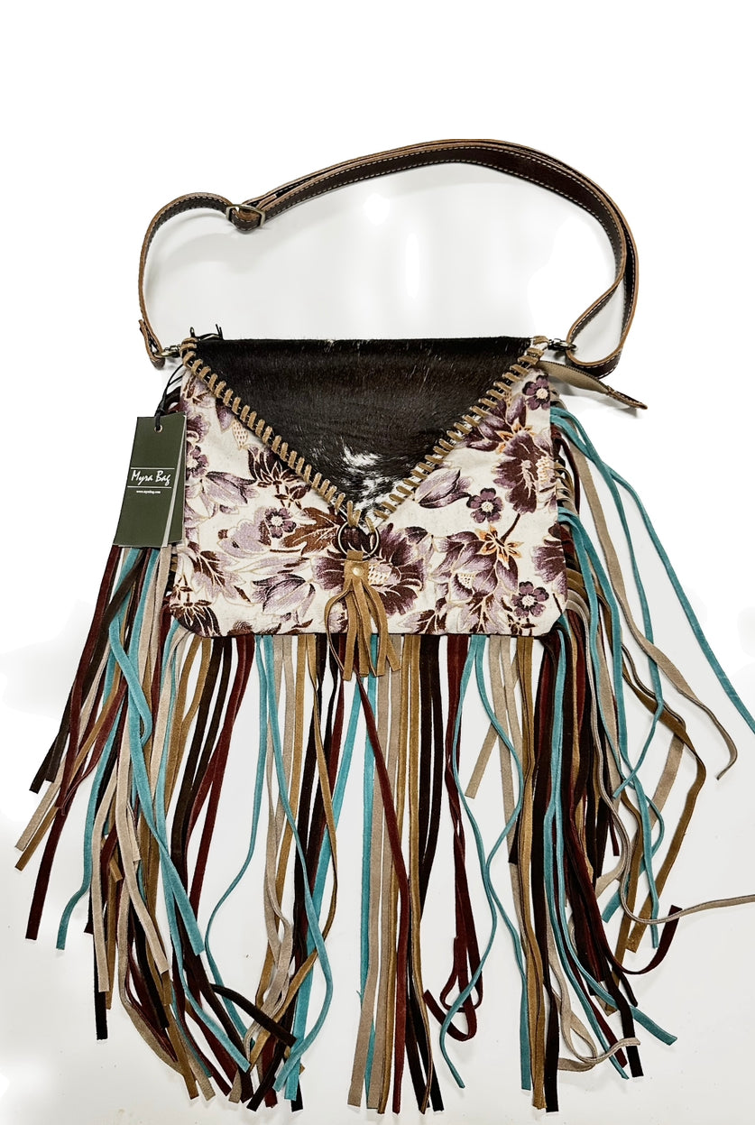 Myra Bag Leather ,Floral Canvas & Cowhide Whipstitch Fringe Crossbody –  Tiffanys Braided Tack LLC