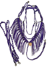 Purple horse tack set,  (fringe breast collar, wither strap, reins, and bridle)