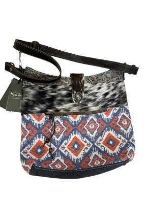 Cowhide, Tapestry and leather shoulder bag with leather strap