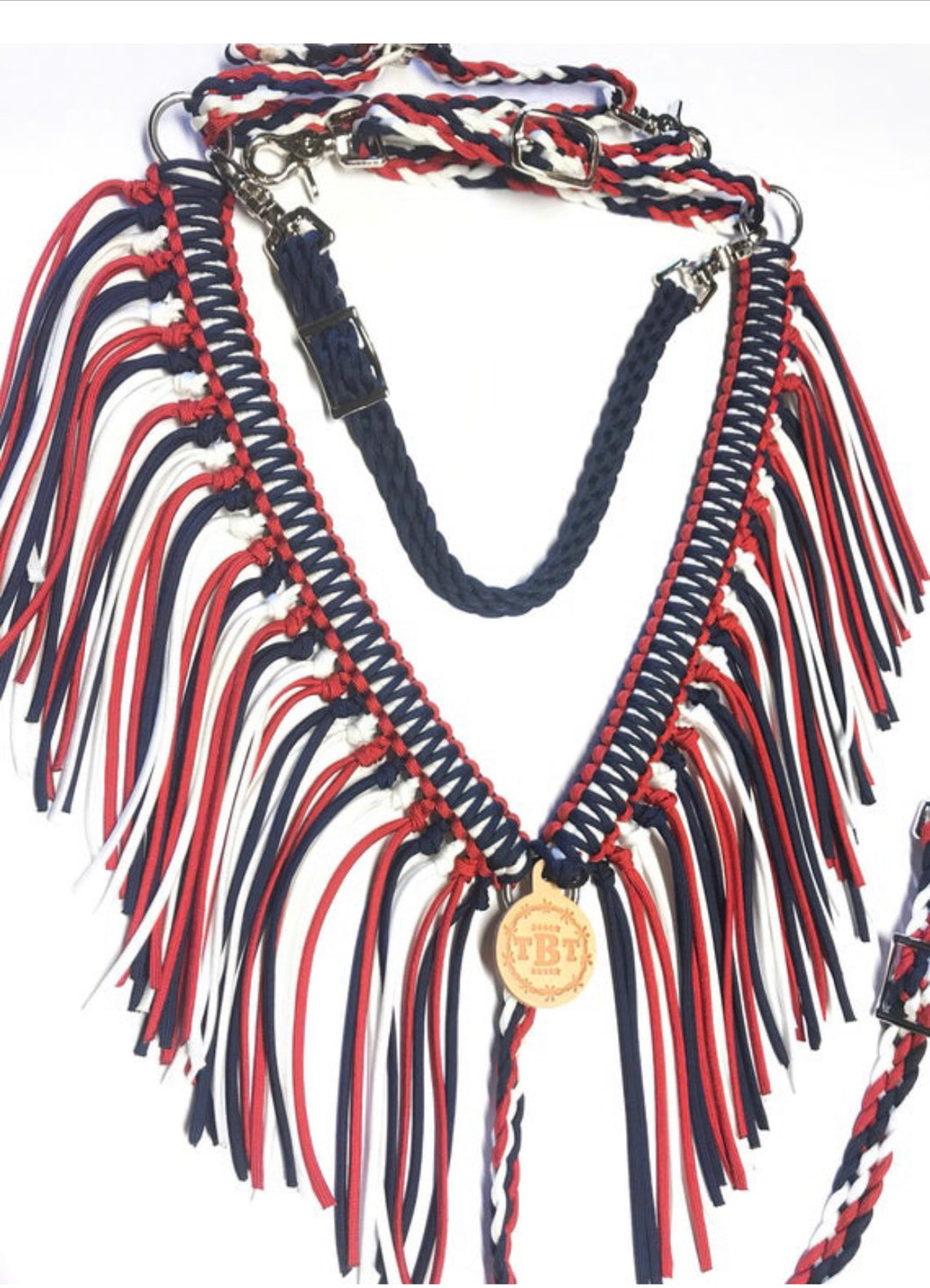 Red white and midnight blue fringe breast collar with wither strap