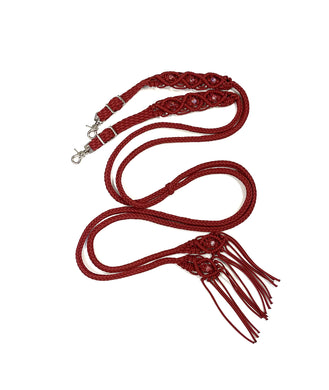 Fancy braided split reins in crimson with European painted glass beads...beautiful yet practical