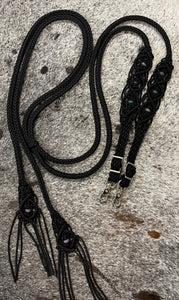 Fancy braided split reins in black with genuine Indian agate gemstones...beautiful yet practical