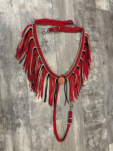 Red black and gold fringe breast collar with a wither strap