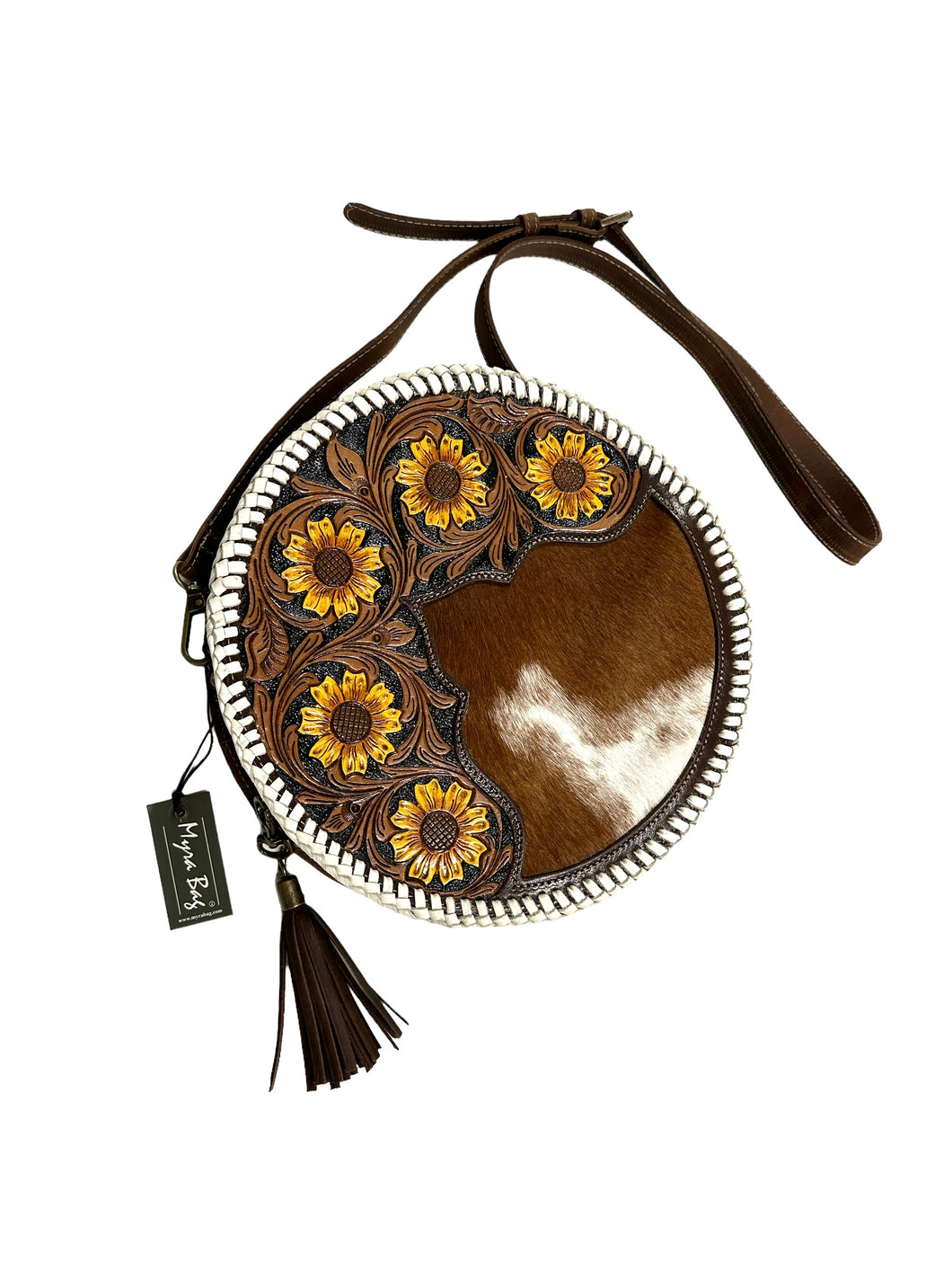 beautiful sunflower leather tooled round western purse