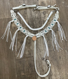 White fancy macrame  fringe breast collar with turquoise howlite beads