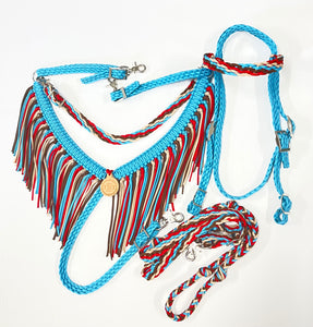 Turquoise  horse tack set,  (fringe breast collar, wither strap, reins, and bridle)