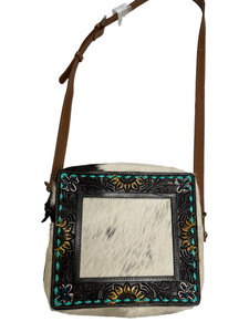 myra sunflower cowhide cross body  bag with tooled leather