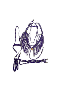 Purple horse tack set with tie down (fringe breast collar, wither strap, reins, and bridle)