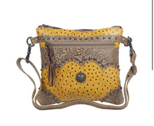 myra yellow hand bag with tooled leather