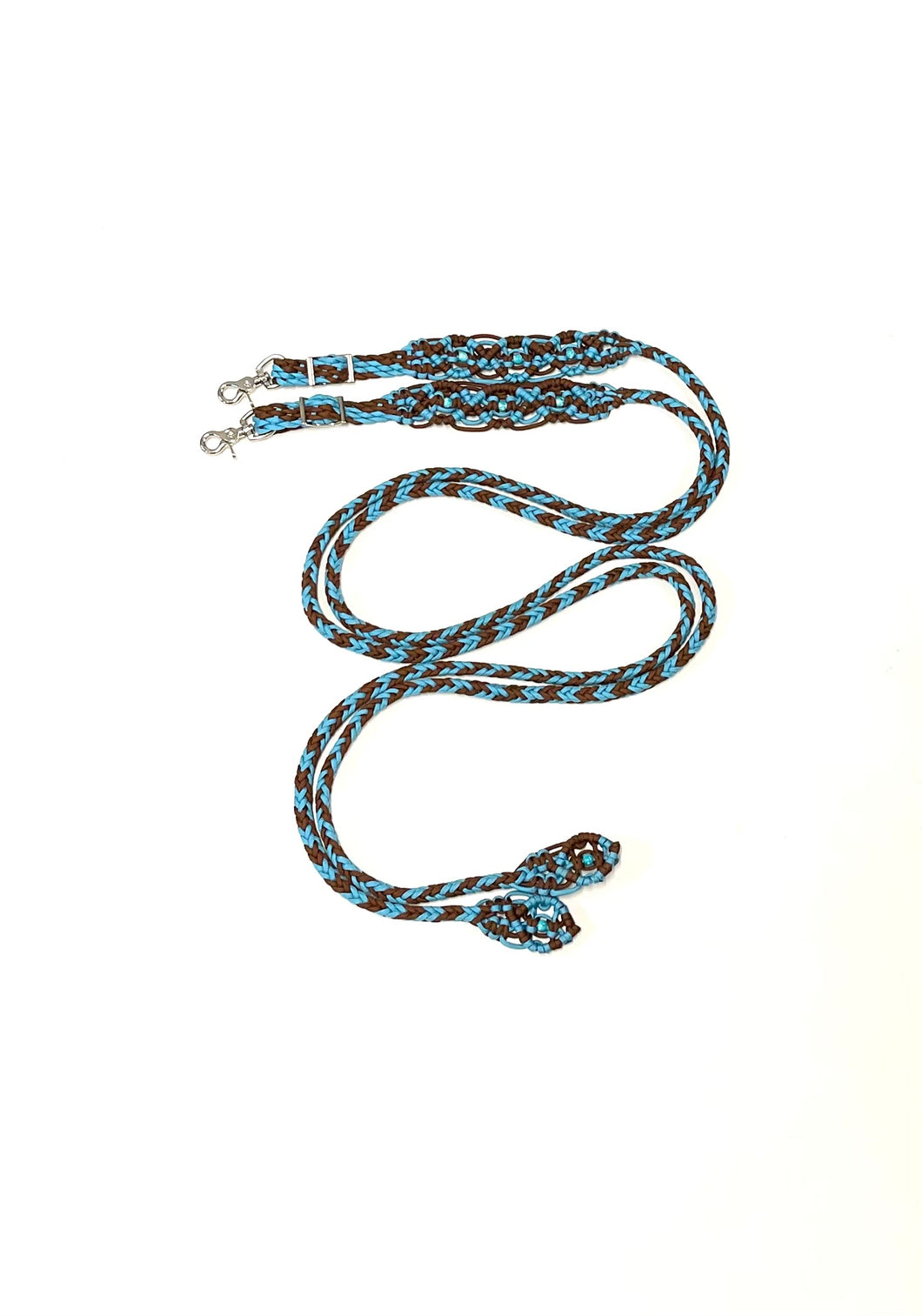 Fancy turquoise and brown braided split reins with beading....beautiful yet practical