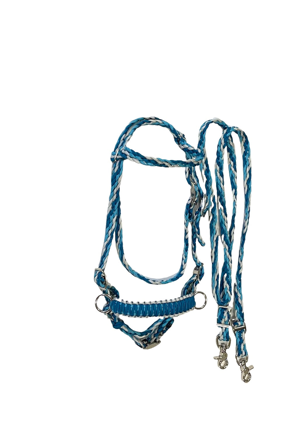 complete bitless bridle side pull hackamore teal and silver with reins ....pony, Cob, Horse. or Draft horse size