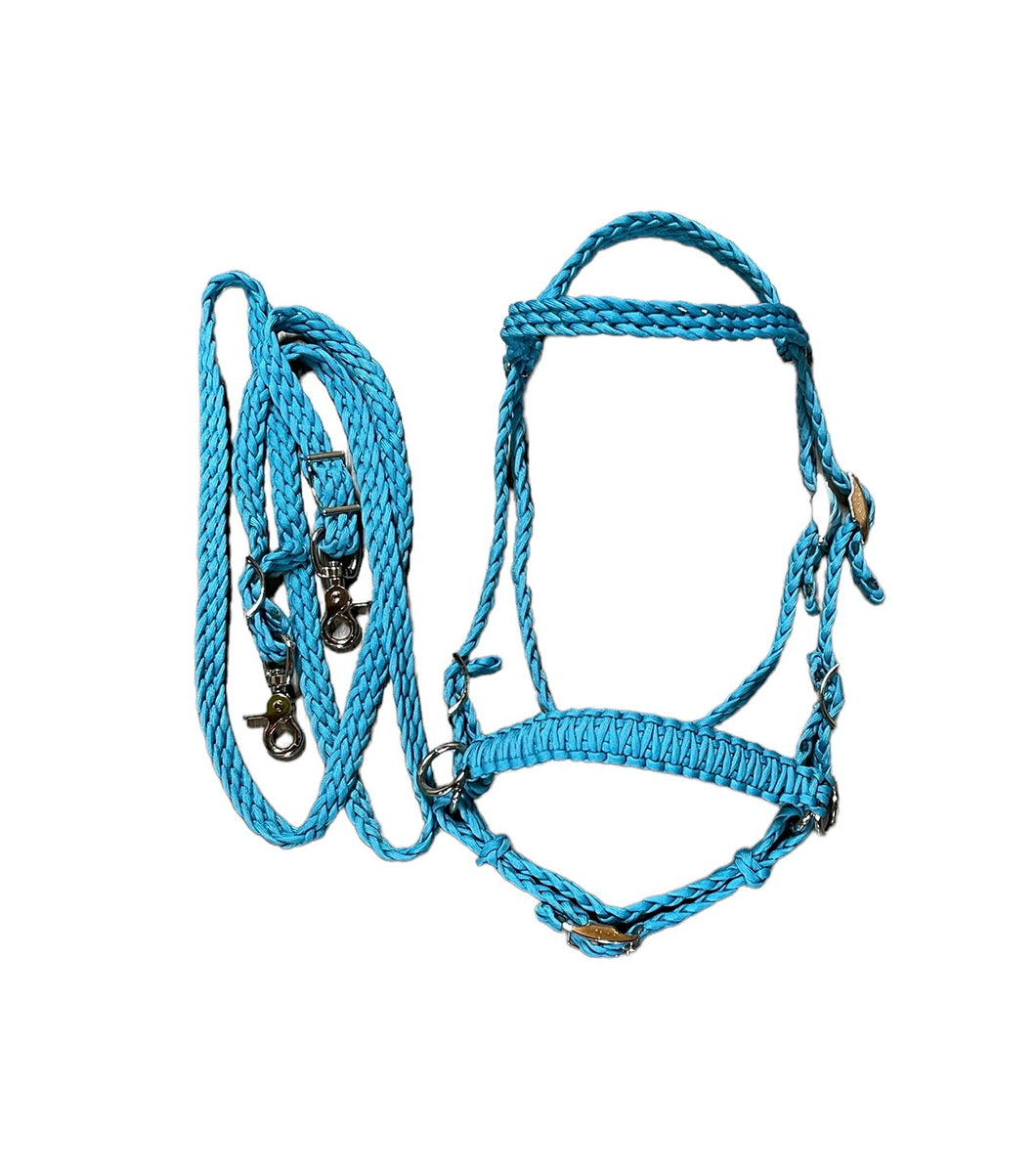 complete bitless bridle side pull hackamore neon turquoise ....pony, Cob, Horse. or Draft horse size