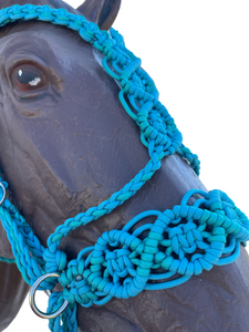 complete Bitless bridle side pull baroque style in green turquoise and neon turquoise