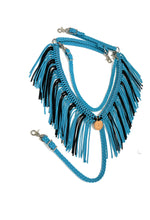 Neon turquoise and black fringe breast collar with a wither strap