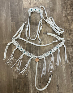 White Gemstone fancy macrame  fringe breast collar with matching bridle, wither strap, and barrel reins